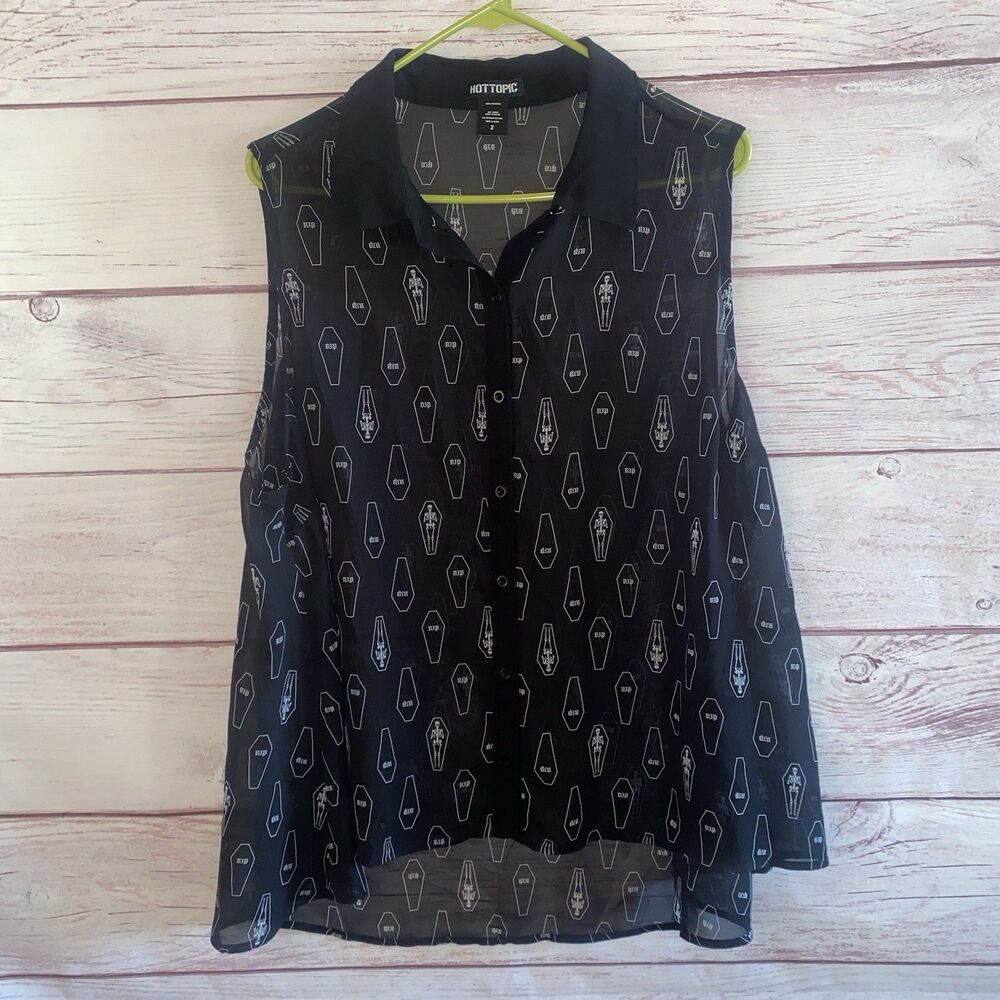 Hot Topic Womens Size 2XL Sheer Blouse Coffin Skeleton RIP Gothic Sleeveless A5